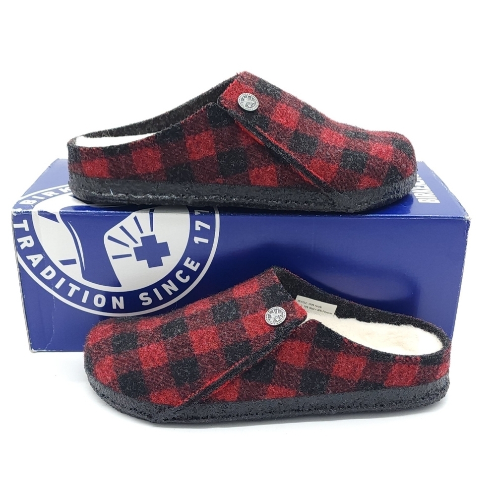 Birkenstock Zermatt Slippers Women’s Size 5 EU 36 Red Black Plaid Wool Shearling